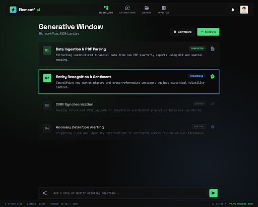 Element1 Dashboard — Generative Window with workflow steps