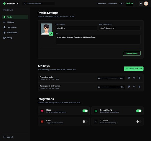 Element1 Settings — profile, API keys, and integrations