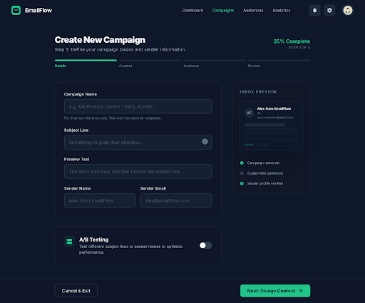 Campaign creation wizard with multi-step form