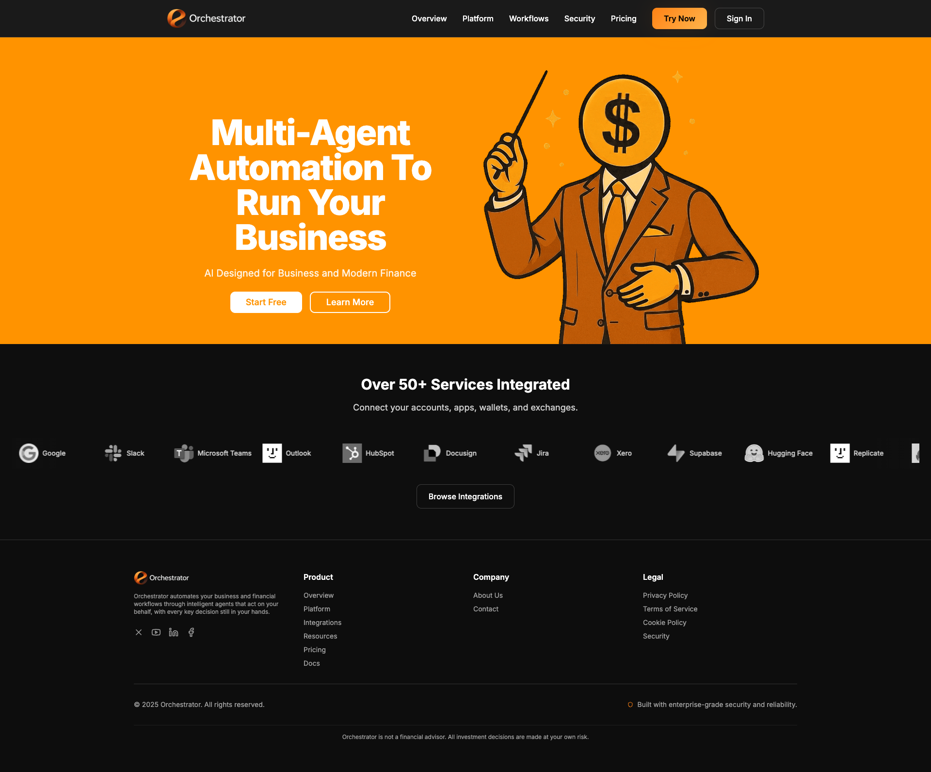 Orchestrator full homepage with integrations and footer