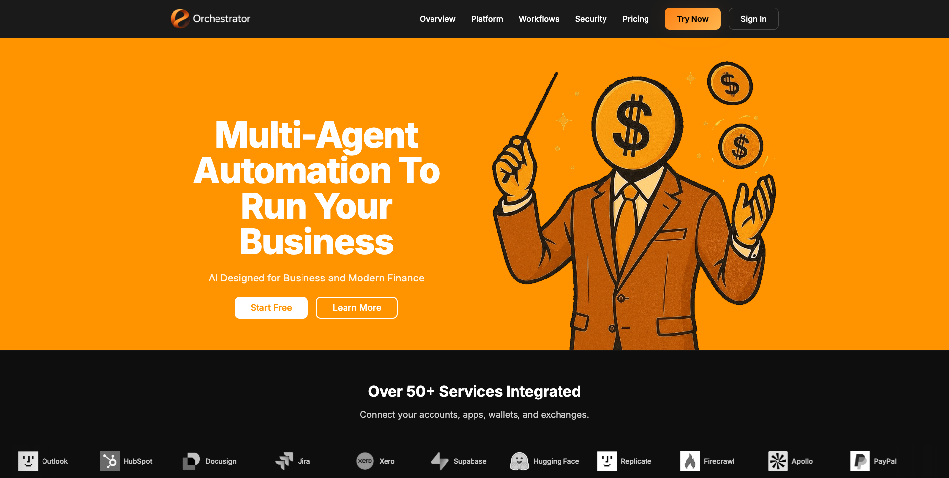 Orchestrator homepage hero with multi-agent automation tagline
